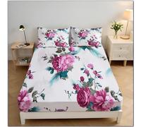 MULERN Small Double Fitted Sheets, Peony Orchid Pattern Flowers Print Soft Microfibre Fitted Bed Sheets, 30cm Deep Pocket, Anti-Slip Bedsheets with 2 Pillowcase, Pink Purple