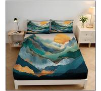 MULERN Super King Fitted Sheet 30cm Deep Fit, Soft Brushed Microfibre Watercolor Abstract Mountain Landscape Sun Print Green Fade Resistant Fitted Bed Sheets with 2 Envelope Pillowcases, 180x200cm