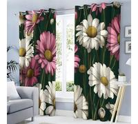 MULERN Vintage Illustration Curtains Eyelet, Soft Thermal Insulated Blackout Curtain, Daisy Flowers Pattern Ring Top Window Drapes for Bedroom Living Room W 46" x L 72" Drop 2 Panels, Dark Green