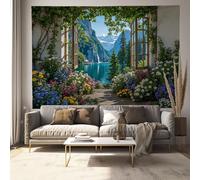 MULERN Wall Hanging Tapestry Flowers Lakes Waterfalls From Open Window Picture Print, Window Views Wall Fabric Mural Art Decoration for Bedroom Dorm Living Room 78x59in, Green
