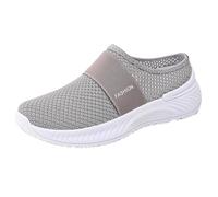 Mules Backless Shoes for Women Knit Flats Wide Fit Walking Mule Sandals Sneakers Ladies Mule Open Back Indoor Outdoor Nursing Shoes Slip on Shoe Anti-Slip Platform Beach Shoes Gray