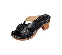 Mules Sandals for Women Block Chunky Heel Slides UK Size 7.5 Ladies Summer Slip on Flower Strap Open Toe Heeled Comfy Block Heel Sandals Memory Foam Insole Black Footwear Gifts