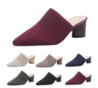 Mules with Closed Pointed Toe Low Block Chunky Heeled Sandal Knit Mesh Backless Slip on Mules Comfortable Casual Open Back Dress Pumps Shoes for Women