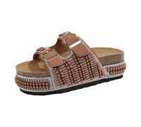 Mules Women's Platform Footbed with Rhinestone Pearls Leather Comfortable Non-Slip Sandals Elegant Women Slippers Adjustable Straps for Sea Beach Garden, brown, 4.5 UK
