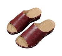 Mules Women's Summer Platform Sandals Women's Slippers Slip On Beach Sandals Open Toe Wedge Sandals Elegant Orthopaedic Shoes PU Leather Wedge Sandals Comfortable Leisure Sandals, Wine Red, 6 UK