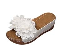 Mules Women's Summer Wedge Sandals Leisure Beach Shoes Flower Decoration Sandals Women's Summer Open Toe Slippers Block Heel Summer Shoes Women's Sandals Comfortable Slippers, White, 6 UK
