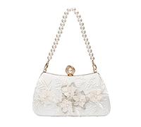 Mulian LilY Premium Floral Lace Satin Pearl Top Handle Clutch Handbag With Detachable Chain flower wedding Bridal Bag, Ivory