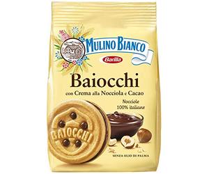 Mulino Bianco Baiocchi Hazelnut Biscuits - Authentic Italian Pastry Cookies with Hazelnut & Chocolate Cream Filling, Palm Oil Free, Family Pack (260g)
