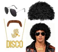 Mullet Wig,5 Piece Set Black 80s Mens Wig, Retro Pop Rock Curly Mullet Wigs for Men Halloween Costume Party Accessories