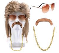 Mullet Wig Brown, 4 Piece Set Mullet Wig for Mullet Party, 80s 90s Outfits Hip Hop Costume Kit, Pop Rock Wigs + Sunglasses + Necklace + Beard, Disco Costume Fancy Dress