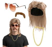 Mullet Wig Men's 80s Outfit Retro Wig Men with Wigs, Sunglasses, Moustache, Accessories for Cosplay, Carnival, Theme Party