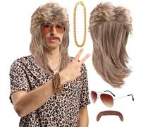 Mullet Wig Men's Blonde 90s 80s Outfit Accessories Men's Fancy Dress Wig Blonde Long Moustache for Gluing Glasses Necklace Carnival Costume Men Blonde Wigs