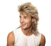 Mullet Wig, Wigs for Men - 80s Rocker Light Blonde Party Wig | Heat-resistant synthetic, adjustable cap. Light blonde 80s rock look. For Halloween, cosplay. Mullet wig, wigs for men.