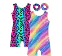 Mulnall 2-Pack Colorful Leopard and Rainbow Gymnastics Unitards for Girls, Athletic Tumbling Training Outfits for Kids（0602-06-6Y）