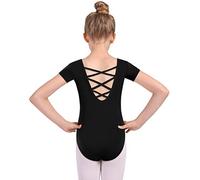 Mulnall Girls Dance Ballet Leotards Short Sleeve Criss Cross Straps Back Kids Gymnastic Leotards Costume Dancewear(5027-06-XL)