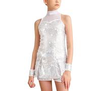 Mulnall Girls Sequins Dance Clothes Sparkle Dance Dress(0437-07-XXL) Silver