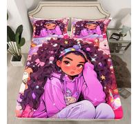 (Multi 02, Single(No Comforter)) Black Hair Girls Fitted Sheet Cartoon Unicorn Double Bed Sheets for Girls,American African Kids Sheets Cute Afro Melanin Princess Bedding Set,Magical