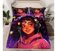 (Multi 03, Single(No Comforter)) Black Hair Girls Fitted Sheet Cartoon Unicorn Double Bed Sheets for Girls,American African Kids Sheets Cute Afro Melanin Princess Bedding Set,Magical