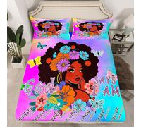 (Multi 05, Double(No Comforter)) Black Hair Girls Fitted Sheet Cartoon Unicorn Double Bed Sheets for Girls,American African Kids Sheets Cute Afro Melanin Princess Bedding Set,Magical