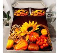 (Multi 05, Single(No Comforter)) Homewish Happy Fall Theme Fitted Sheet Double Pumpkin Decor Bed Sheets, Sunflower Gifts Festival Bed Set Essentials Vintage Wooden Barn Door Sheets