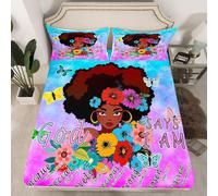 (Multi 06, Single(No Comforter)) Black Hair Girls Fitted Sheet Cartoon Unicorn Double Bed Sheets for Girls,American African Kids Sheets Cute Afro Melanin Princess Bedding Set,Magical