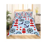 (Multi 07, Double(No Comforter)) Homewish Nautical Comforter Cover For Kids Teens Double,Ocean Ship Anchor Bedding Set Sailboat Rudder Duvet Cover White Navy Blue Striped Bedspread