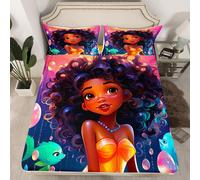 (Multi 07, Single(No Comforter)) Black Hair Girls Fitted Sheet Cartoon Unicorn Double Bed Sheets for Girls,American African Kids Sheets Cute Afro Melanin Princess Bedding Set,Magical
