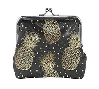 Multi 1 Seamless Golden Pines Hand Drawn Gold Pine Dots on Dark Women Leather Coin Purse Hasp Card Key Change Wallet Small Buckle Handbag Case Kiss Lock Clutch Pouch Pocket for Girls Ladies