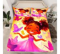 (Multi 12, Double(No Comforter)) Black Hair Girls Fitted Sheet Cartoon Unicorn Double Bed Sheets for Girls,American African Kids Sheets Cute Afro Melanin Princess Bedding Set,Magical