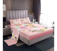 (Multi 12, Double(No Comforter)) Double Unicorn Bed Sheets Set For Girls, Cartoon Animal With Botanical Floral Sheet Set For Toddler Kids Teens, Geometric Grid Sheets Pink Heart