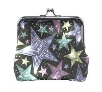 Multi 12 Shiny Sparkles and Sequins in the Form of Stars on a Dark Background Women Leather Coin Purse Hasp Card Key Change Wallet Small Buckle Handbag Case Kiss Lock Clutch Pouch Pocket for Girls Lad