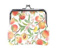 Multi 14 Orange Peaches with Peach Slices Green Leaves Pink Flowers on White Women Leather Coin Purse Hasp Card Key Change Wallet Small Buckle Handbag Case Kiss Lock Clutch Pouch Pocket for Girls Ladi