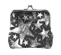 Multi 14 Silver White Shiny Sparkles and Sequins in the Form of Stars on Dark Women Leather Coin Purse Hasp Card Key Change Wallet Small Buckle Handbag Case Kiss Lock Clutch Pouch Pocket for Girls Lad