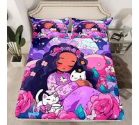 (Multi 16, Double(No Comforter)) Black Hair Girls Fitted Sheet Cartoon Unicorn Double Bed Sheets for Girls,American African Kids Sheets Cute Afro Melanin Princess Bedding Set,Magical
