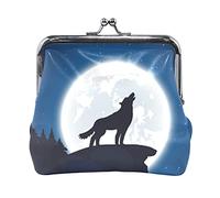 Multi 16 Two Howling Wolves at Full Moon Leather Coin Purse Kiss Lock Clutch Pouch Pocket Hasp Card Key Change Wallet Buckle Small Handbag Case for Women Girls Ladies