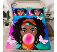 (Multi 17, Double(No Comforter)) Black Hair Girls Fitted Sheet Cartoon Unicorn Double Bed Sheets for Girls,American African Kids Sheets Cute Afro Melanin Princess Bedding Set,Magical