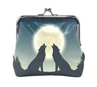 Multi 17 Two Howling Wolves at Full Moon Leather Coin Purse Kiss Lock Clutch Pouch Pocket Hasp Card Key Change Wallet Buckle Small Handbag Case for Women Girls Ladies