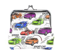 Multi 17 Women Leather Coin Purse, Hasp Card Key Change Wallet Kiss LockClutch Pouch Pocket Ladies Small Buckle Handbag Case Print Orange Purple Pink Green Racing Cars Seamless Colorful
