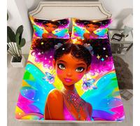 (Multi 18, King(No Comforter)) Black Hair Girls Fitted Sheet Cartoon Unicorn Double Bed Sheets for Girls,American African Kids Sheets Cute Afro Melanin Princess Bedding Set,Magical