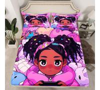 (Multi 19, Single(No Comforter)) Black Hair Girls Fitted Sheet Cartoon Unicorn Double Bed Sheets for Girls,American African Kids Sheets Cute Afro Melanin Princess Bedding Set,Magical