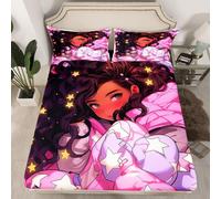 (Multi 20, Double(No Comforter)) Black Hair Girls Fitted Sheet Cartoon Unicorn Double Bed Sheets for Girls,American African Kids Sheets Cute Afro Melanin Princess Bedding Set,Magical