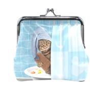 Multi 20 Women Leather Coin Purse, Hasp Card Key Change Wallet Kiss LockClutch Pouch Pocket Ladies Small Buckle Handbag Case Print Cat Taking a Bath in Bathtub Behind Shower Curtain