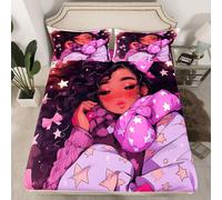 (Multi 21, Double(No Comforter)) Black Hair Girls Fitted Sheet Cartoon Unicorn Double Bed Sheets for Girls,American African Kids Sheets Cute Afro Melanin Princess Bedding Set,Magical