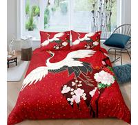 (Multi 21, Single(No Comforter)) Crane Bedding Set Japanese-Style Duvet Cover Red Fish Scale Pattern Plum Blossom Decor Comforter Cover Set Romanic Luxury Theme Quilt Set With Zipper