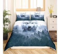 (Multi 25, Double(No Comforter)) Wolf Bedding Set Safari Animals Comforter Cover Misty Mountain Duvet Cover Set For Kids Boys Girls Exotic Wildlife Trippy Woods Nature Quilt Cover Wit