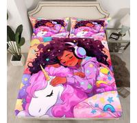 (Multi 25, Single(No Comforter)) Black Hair Girls Fitted Sheet Cartoon Unicorn Double Bed Sheets for Girls,American African Kids Sheets Cute Afro Melanin Princess Bedding Set,Magical