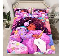 (Multi 26, Double(No Comforter)) Black Hair Girls Fitted Sheet Cartoon Unicorn Double Bed Sheets for Girls,American African Kids Sheets Cute Afro Melanin Princess Bedding Set,Magical