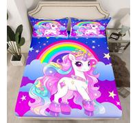 (Multi 30, Double(No Comforter)) Black Hair Girls Fitted Sheet Cartoon Unicorn Double Bed Sheets for Girls,American African Kids Sheets Cute Afro Melanin Princess Bedding Set,Magical