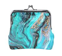 Multi 5 Gold Turquoise Aquamarine Art Ocean Sea River Marbling Marble Women Leather Coin Purse Hasp Card Key Change Wallet Small Buckle Handbag Case Kiss Lock Clutch Pouch Pocket for Girls Ladies