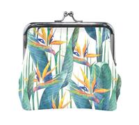 Multi 6 Women Leather Coin Purse, Hasp Card Key Change Wallet Kiss LockClutch Pouch Pocket Ladies Small Buckle Handbag Case Print Exotic Green Leaves and Orange Flowers